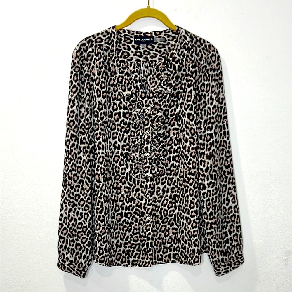 Karl Lagerfeld Cheetah Print Ruffle Collar Blouse